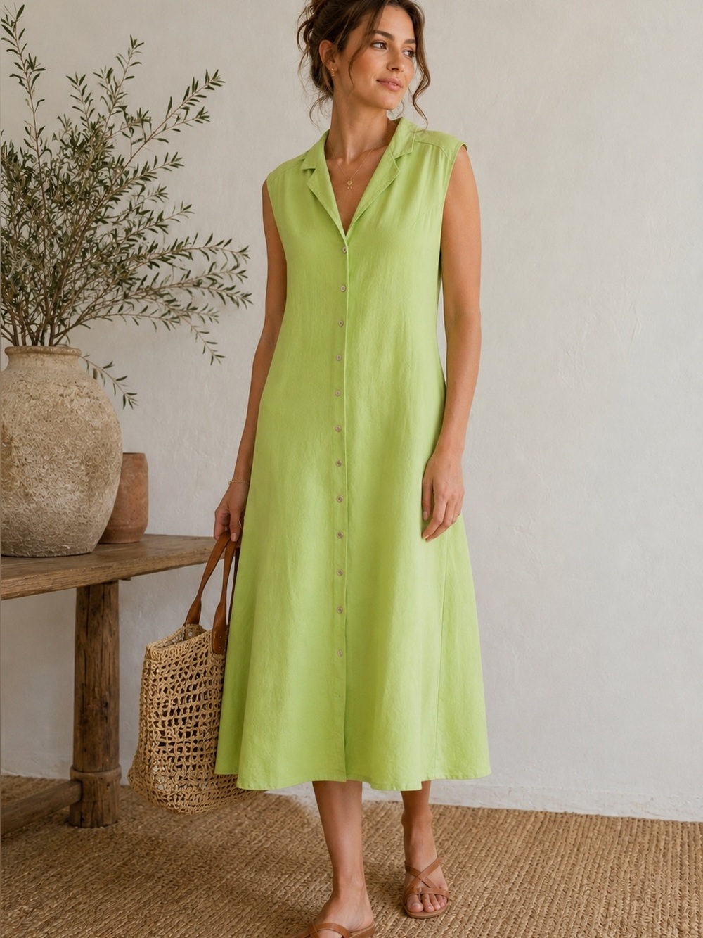 Vintage Selene Sport Linen Blend Criss Cross Back Midi Dress Lime Green